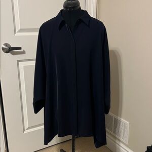 ST. JOHN Blouse Oversized Navy Blue Concealed Button Front
